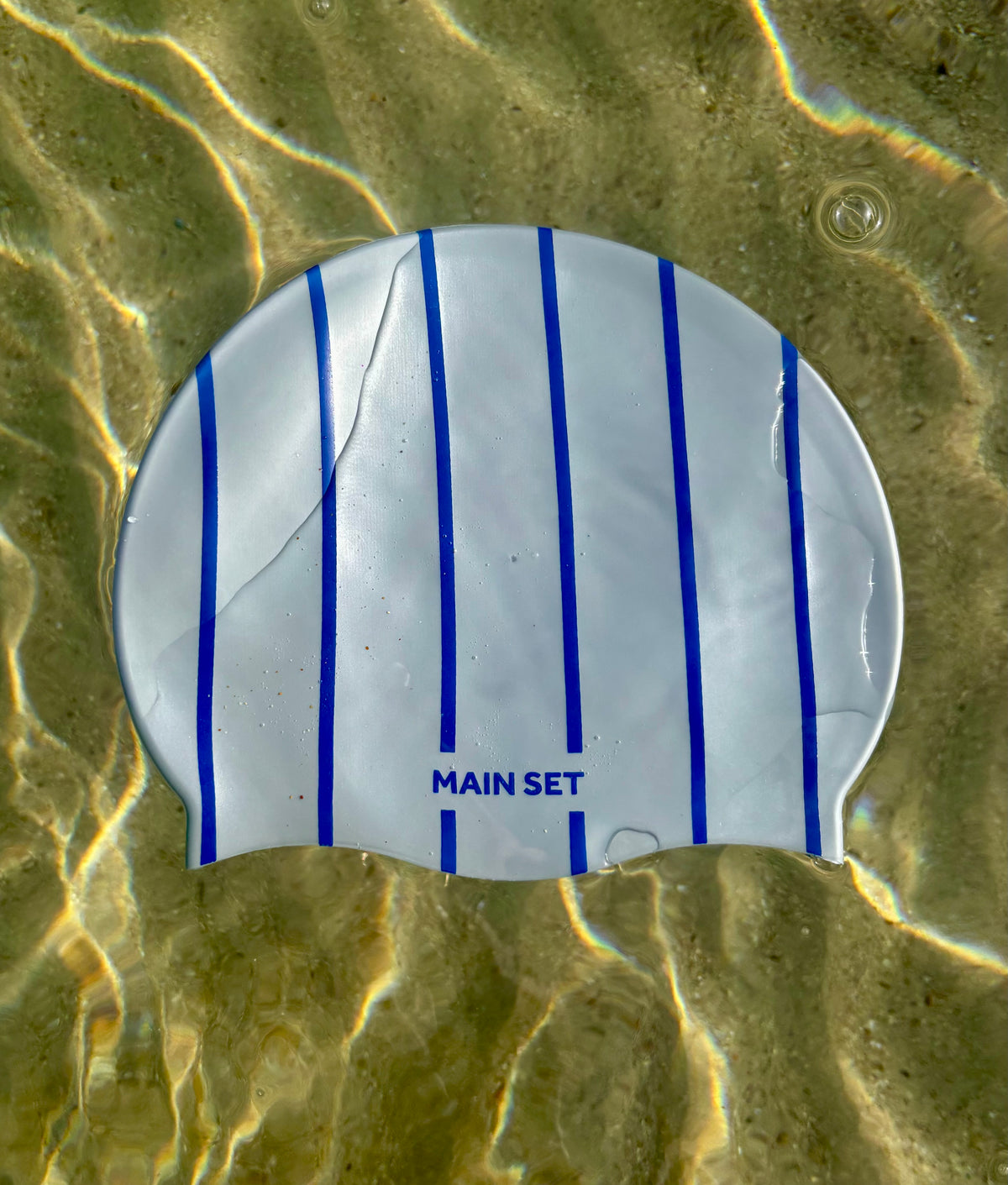 Signature Stripe Premium Silicone Swim Cap – Silver with Royal Blue Stripes