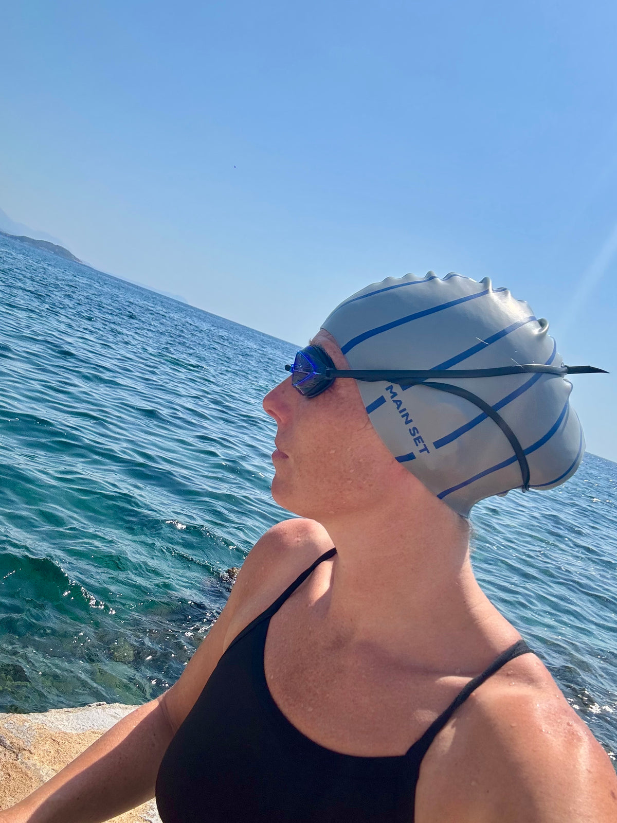 Signature Stripe Premium Silicone Swim Cap – Silver with Royal Blue Stripes