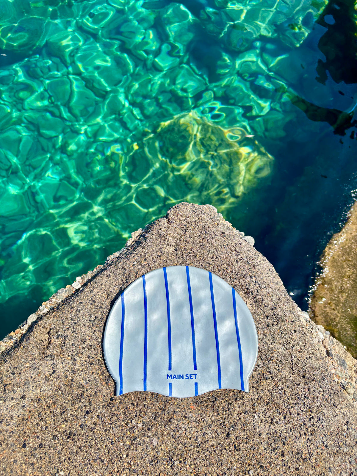 Signature Stripe Premium Silicone Swim Cap – Silver with Royal Blue Stripes