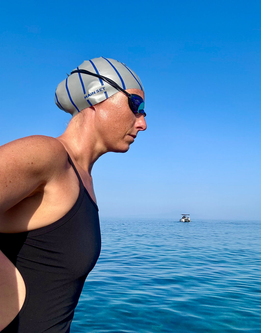 Signature Stripe Premium Silicone Swim Cap – Silver with Royal Blue Stripes