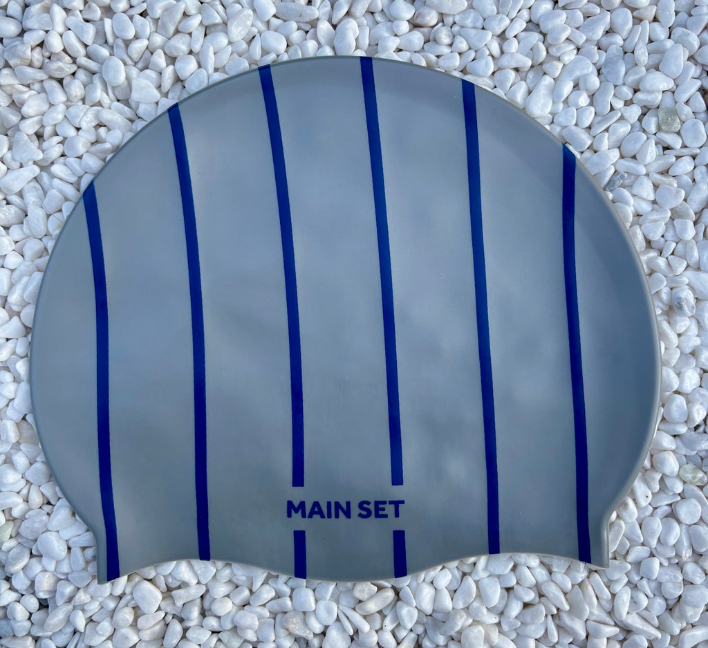 Signature Stripe Premium Silicone Swim Cap – Silver with Royal Blue Stripes