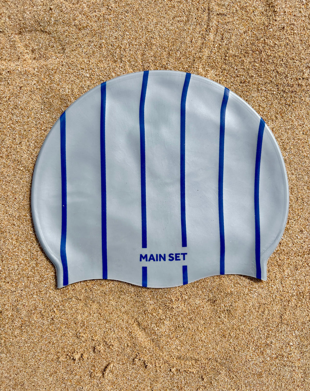 Signature Stripe Premium Silicone Swim Cap – Silver with Royal Blue Stripes