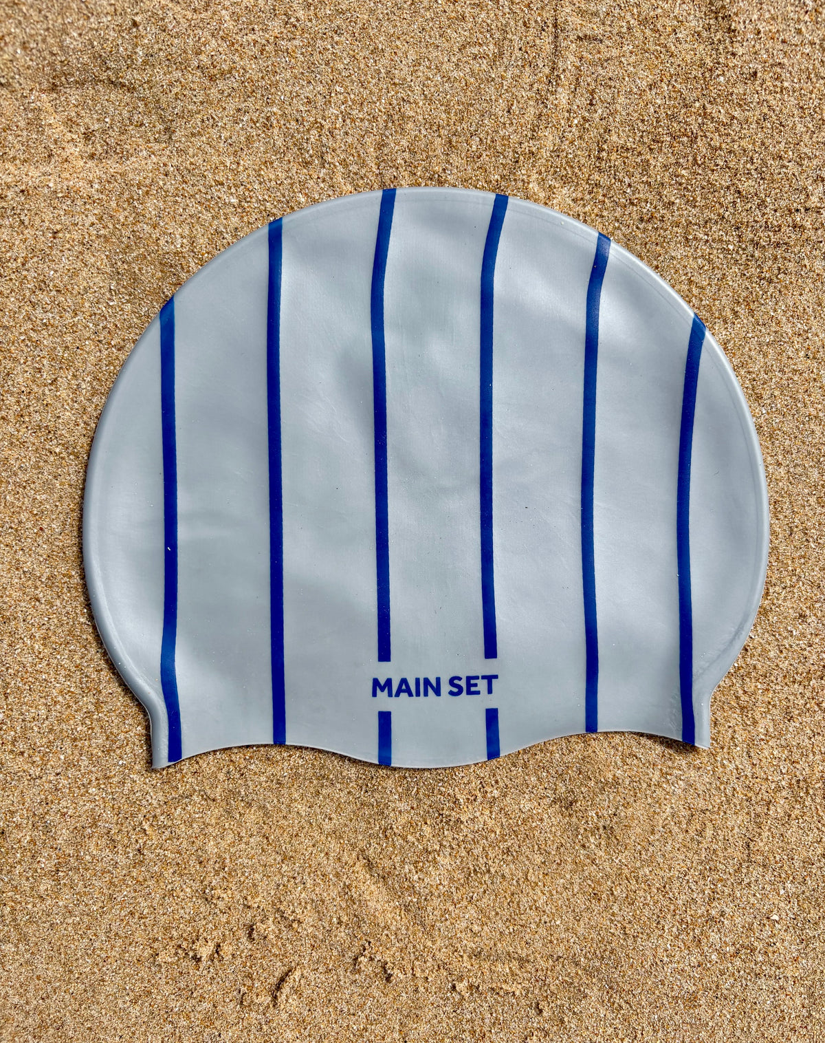 Signature Stripe Premium Silicone Swim Cap – Silver with Royal Blue Stripes