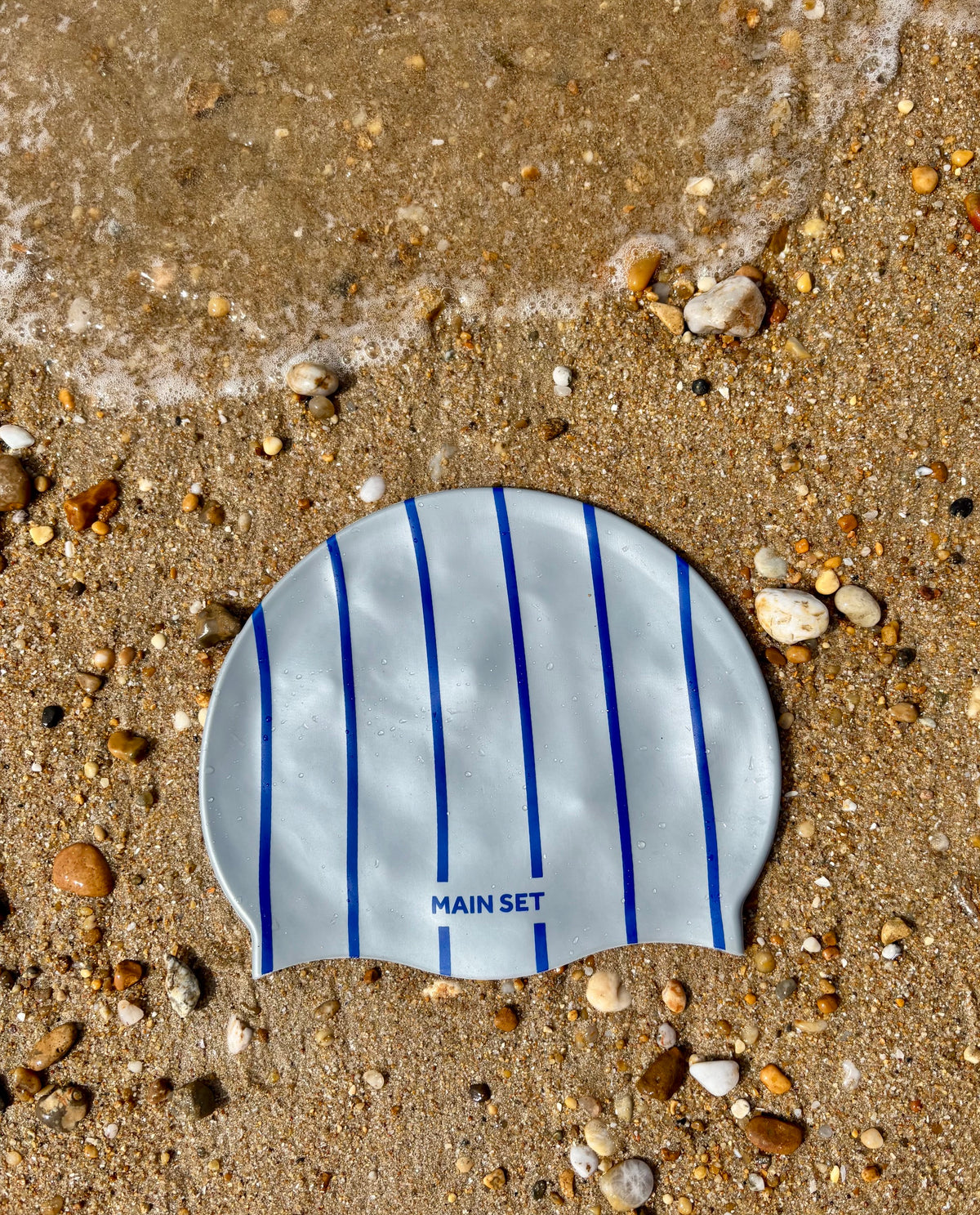 Signature Stripe Premium Silicone Swim Cap – Silver with Royal Blue Stripes