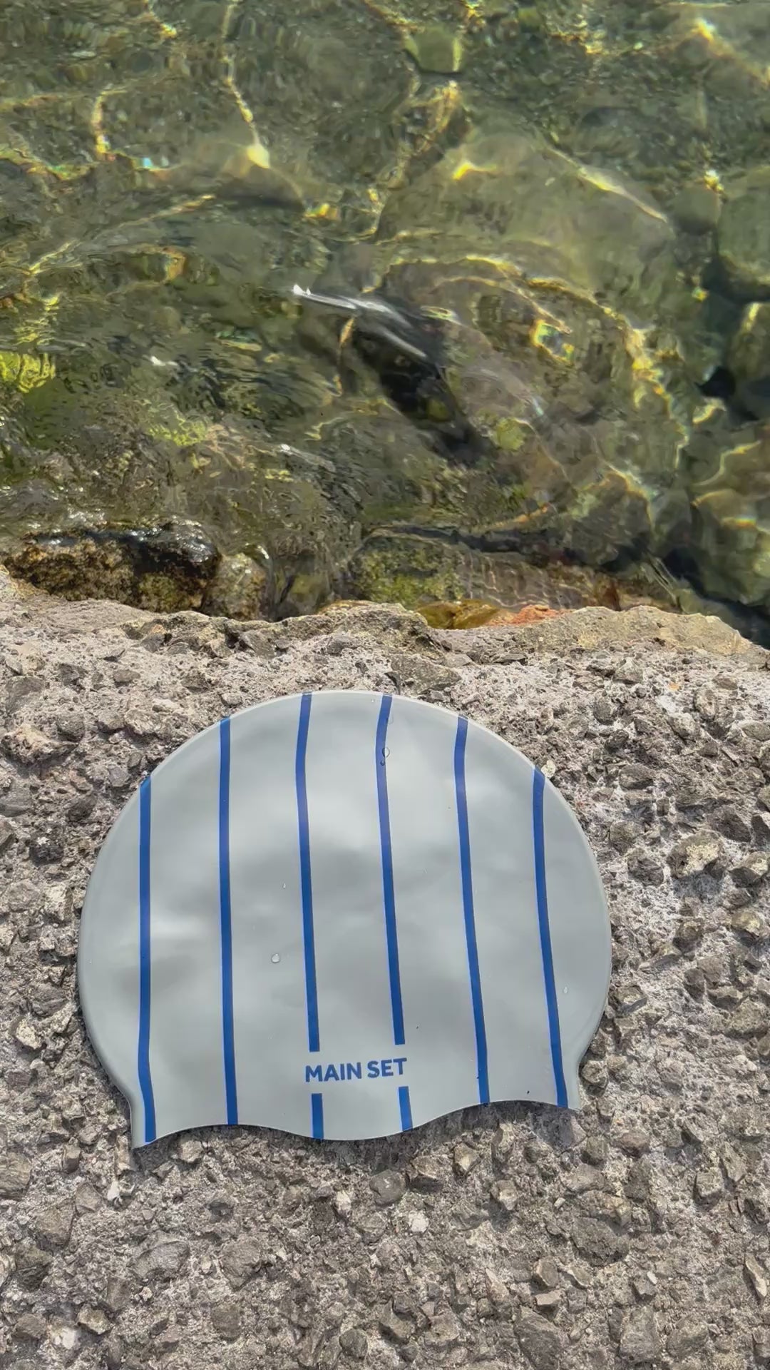 Signature Stripe Premium Silicone Swim Cap – Silver with Royal Blue Stripes